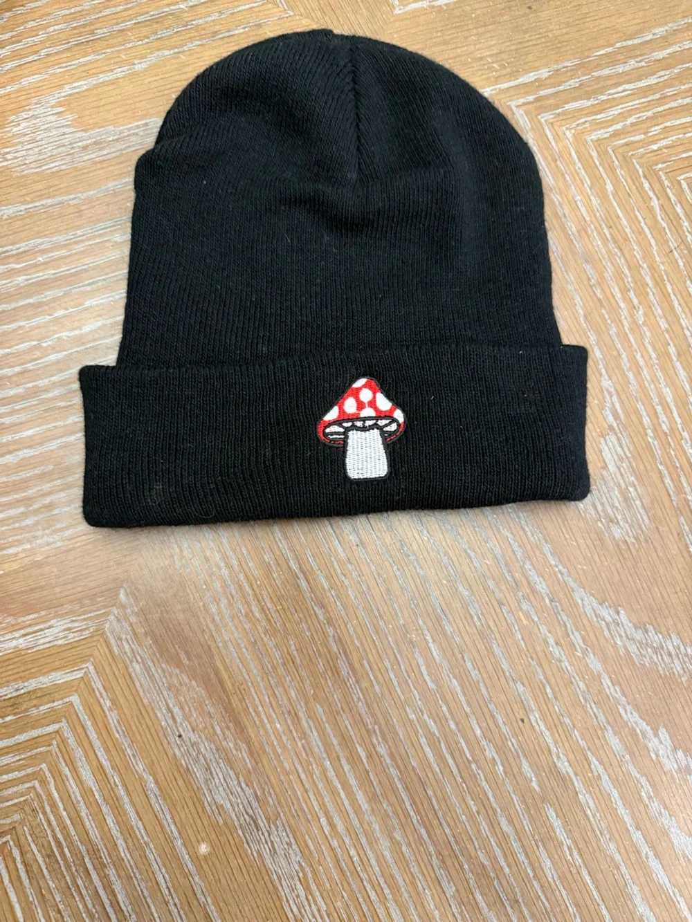 Black Beanie with Red Mushroom Embroidery